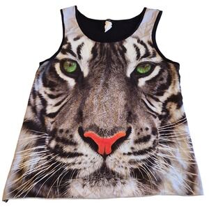 ISSI Tiger Face Graphic Tank Top Black Green Eyes Photorealistic Sleeveless Top